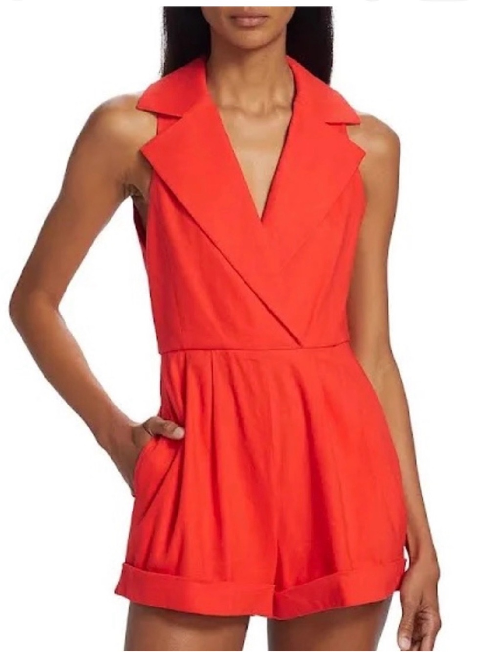 Alice + Olivia Sleeveless Bright Red Romper with Notched Lapel